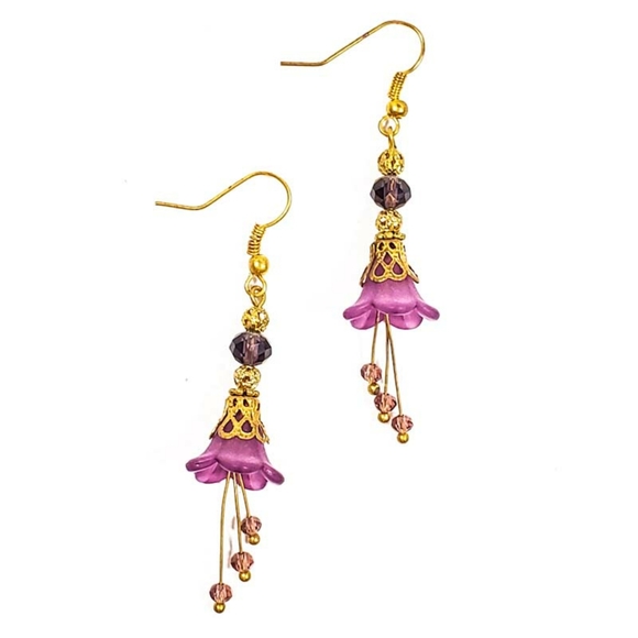 Hand Crafted Jewelry - Purple Lucite and Crystal Drop Flower Earrings